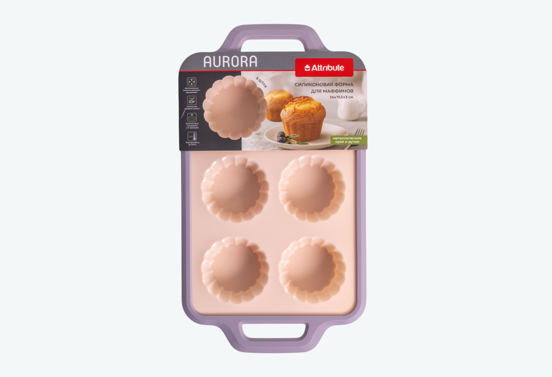 Форма для выпечки мини кексов AURORA 6шт 34x19,5x3cм силиконовая с металлической рамкой 